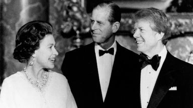 President Jimmy Carter, right, poses with Queen Elizabeth II and Prince Philip, May 7, 1977, at Buckingham Palace prior to the State Dinner for Carter and six other heads of state. (AP Photo/OBPA)
